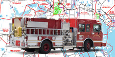 Poster of fire truck superimposed over map